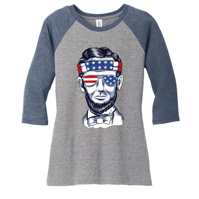 Funny Abraham Lincoln Wearing Glasses And Bandana Women's Tri-Blend 3/4-Sleeve Raglan Shirt