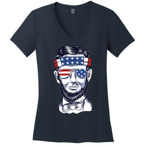 Funny Abraham Lincoln Wearing Glasses And Bandana Women's V-Neck T-Shirt