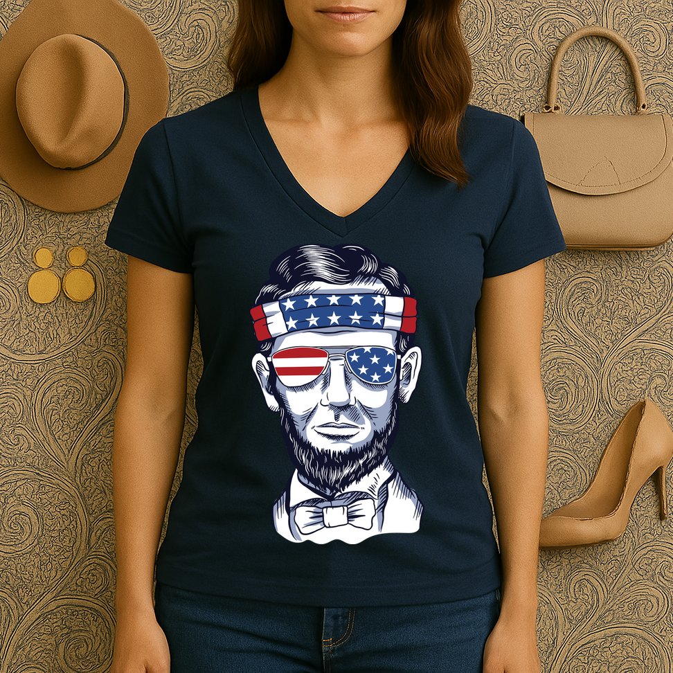 Funny Abraham Lincoln Wearing Glasses And Bandana Women's V-Neck T-Shirt