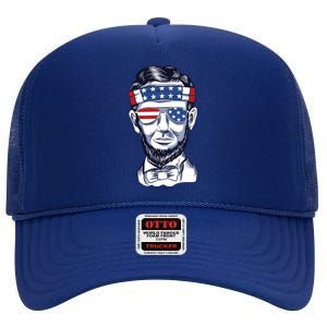 Funny Abraham Lincoln Wearing Glasses And Bandana High Crown Mesh Back Trucker Hat