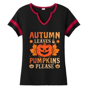 Fall Autumn Leaves & Pumpkin Please Halloween Ladies Halftime Notch Neck Tee