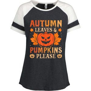 Fall Autumn Leaves & Pumpkin Please Halloween Enza Ladies Jersey Colorblock Tee