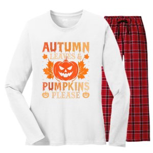 Fall Autumn Leaves & Pumpkin Please Halloween Women's Long Sleeve Flannel Pajama Set 