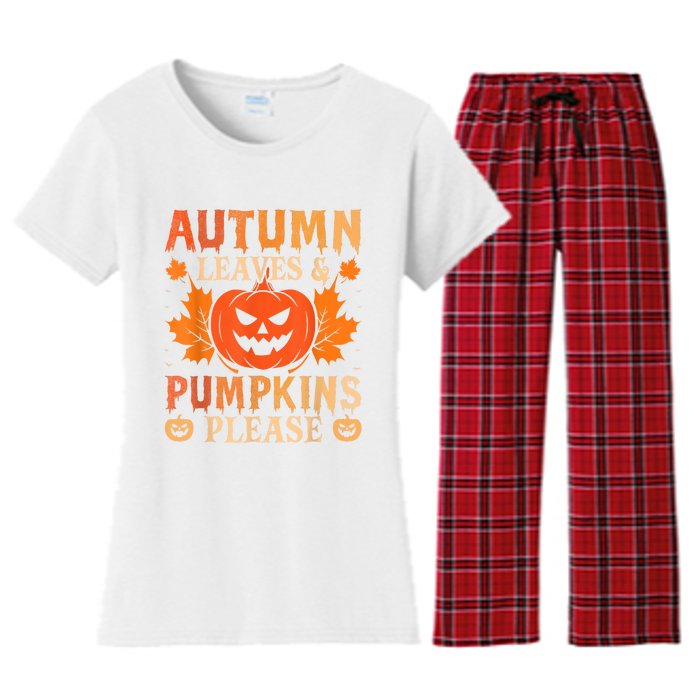 Fall Autumn Leaves & Pumpkin Please Halloween Women's Flannel Pajama Set