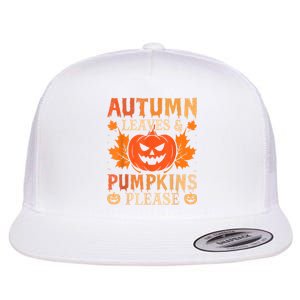 Fall Autumn Leaves & Pumpkin Please Halloween Flat Bill Trucker Hat