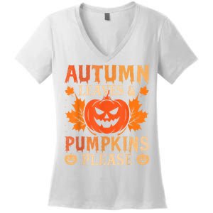 Fall Autumn Leaves & Pumpkin Please Halloween Women's V-Neck T-Shirt