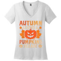 Fall Autumn Leaves & Pumpkin Please Halloween Women's V-Neck T-Shirt