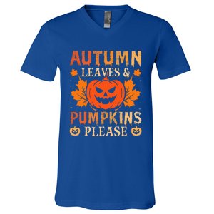 Fall Autumn Leaves & Pumpkin Please Halloween V-Neck T-Shirt