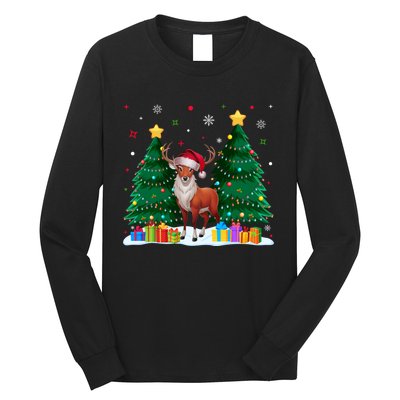 Funny Animal Lovers Deer Santa Hat Ugly Christmas Long Sleeve Shirt