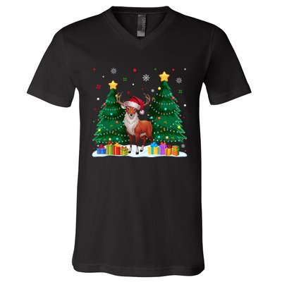 Funny Animal Lovers Deer Santa Hat Ugly Christmas V-Neck T-Shirt