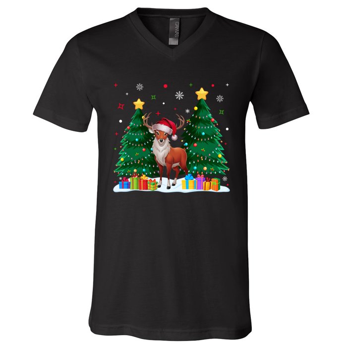 Funny Animal Lovers Deer Santa Hat Ugly Christmas V-Neck T-Shirt