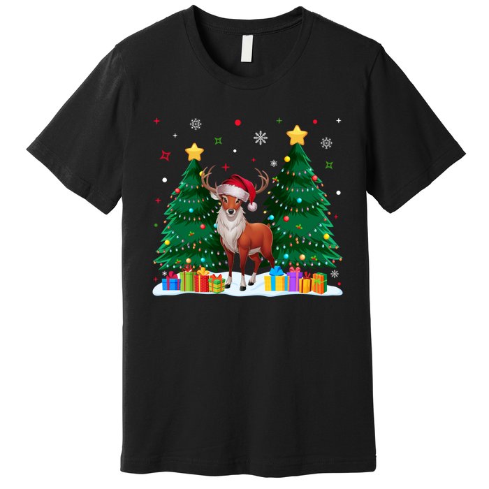 Funny Animal Lovers Deer Santa Hat Ugly Christmas Premium T-Shirt