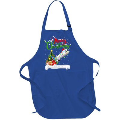 Funny Airplane Lover Xmas Lighting Santa Airplane Christmas Gift Full-Length Apron With Pockets