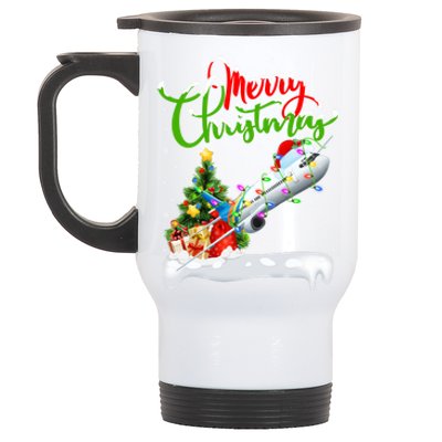 Funny Airplane Lover Xmas Lighting Santa Airplane Christmas Gift Stainless Steel Travel Mug