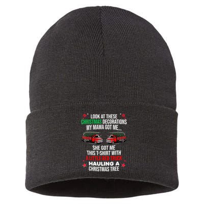 Funny A Little Red Truck Hauling A Christmas Tree Sustainable Knit Beanie