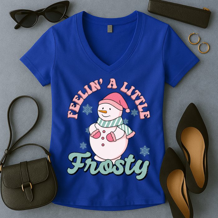 Feelin A Little Frosty Cute Snowman Holiday Women's V-Neck T-Shirt