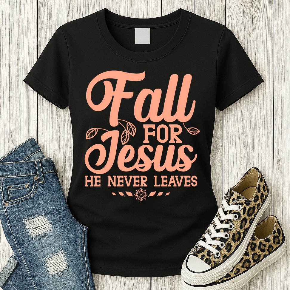 Fall For Jesus He Never Leaves Womens T-Shirt