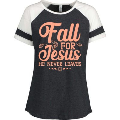 Fall For Jesus He Never Leaves Enza Ladies Jersey Colorblock Tee