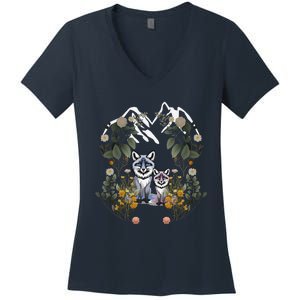 Forest Animals Mountain Fox Foxes Flowers Nature ChildrenS Fairy Tales Women's V-Neck T-Shirt