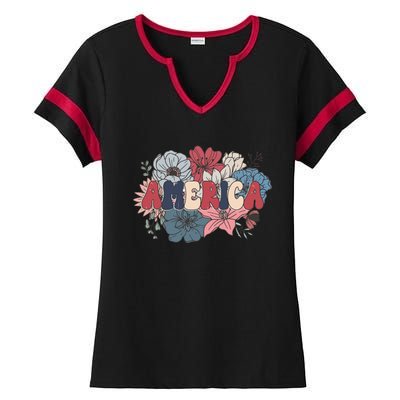 Floral American Mama Retro Mama Ladies Halftime Notch Neck Tee