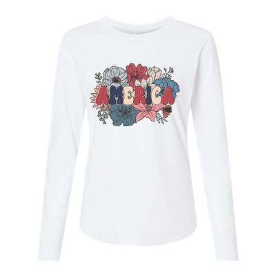 Floral American Mama Retro Mama Womens Cotton Relaxed Long Sleeve T-Shirt