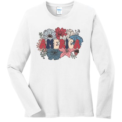 Floral American Mama Retro Mama Ladies Long Sleeve Shirt