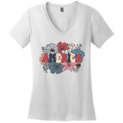 Floral American Mama Retro Mama Women's V-Neck T-Shirt