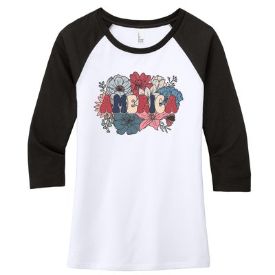 Floral American Mama Retro Mama Women's Tri-Blend 3/4-Sleeve Raglan Shirt