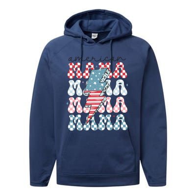 Flag American Mama 4th Of July Mom Performance Fleece Hoodie