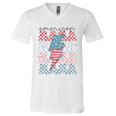 Flag American Mama 4th Of July Mom V-Neck T-Shirt