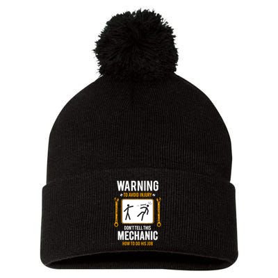 Funny Auto Mechanic Warning To Avoid Injury Mechanic Pom Pom 12in Knit Beanie