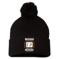 Funny Auto Mechanic Warning To Avoid Injury Mechanic Pom Pom 12in Knit Beanie