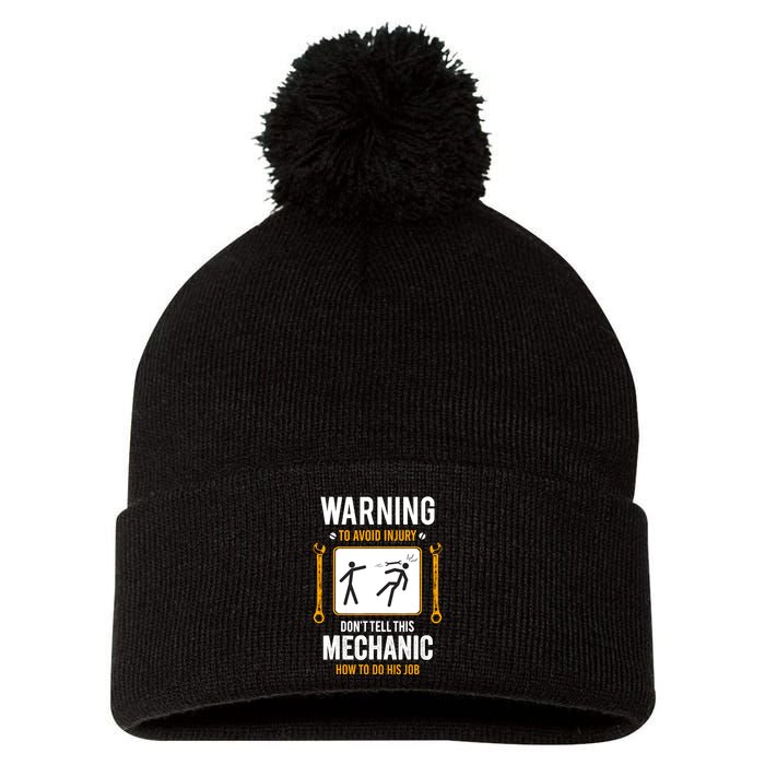 Funny Auto Mechanic Warning To Avoid Injury Mechanic Pom Pom 12in Knit Beanie