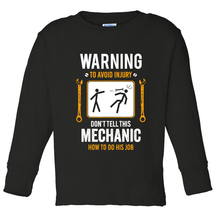 Funny Auto Mechanic Warning To Avoid Injury Mechanic Toddler Long Sleeve Shirt