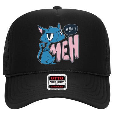 Funny Angry Meh Cat Comic High Crown Mesh Back Trucker Hat