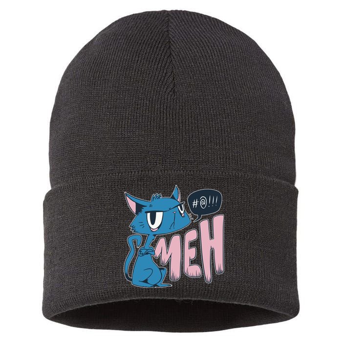 Funny Angry Meh Cat Comic Sustainable Knit Beanie