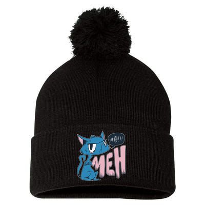 Funny Angry Meh Cat Comic Pom Pom 12in Knit Beanie