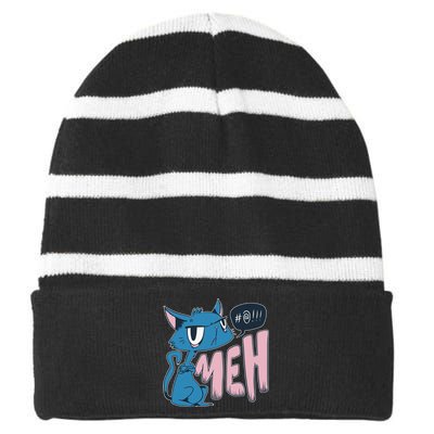 Funny Angry Meh Cat Comic Striped Beanie with Solid Band