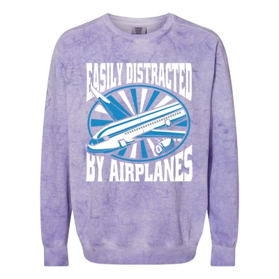 Funny Aircraft Mechanic Easily Distracted By Airplanes Gift Colorblast Crewneck Sweatshirt