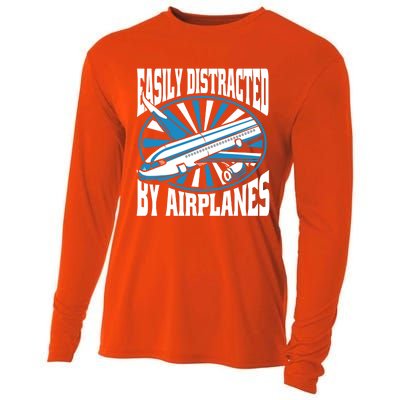 Funny Aircraft Mechanic Easily Distracted By Airplanes Gift Cooling Performance Long Sleeve Crew