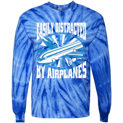 Funny Aircraft Mechanic Easily Distracted By Airplanes Gift Tie-Dye Long Sleeve Shirt