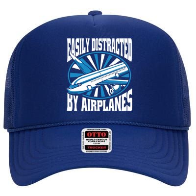 Funny Aircraft Mechanic Easily Distracted By Airplanes Gift High Crown Mesh Back Trucker Hat