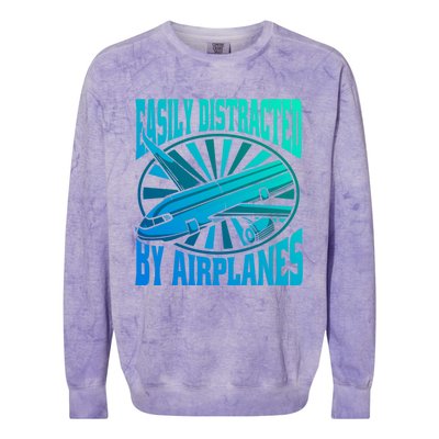 Funny Aircraft Mechanic Easily Distracted By Airplanes Gift Colorblast Crewneck Sweatshirt