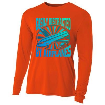 Funny Aircraft Mechanic Easily Distracted By Airplanes Gift Cooling Performance Long Sleeve Crew