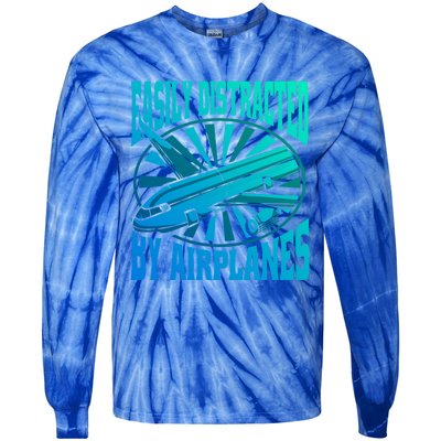 Funny Aircraft Mechanic Easily Distracted By Airplanes Gift Tie-Dye Long Sleeve Shirt