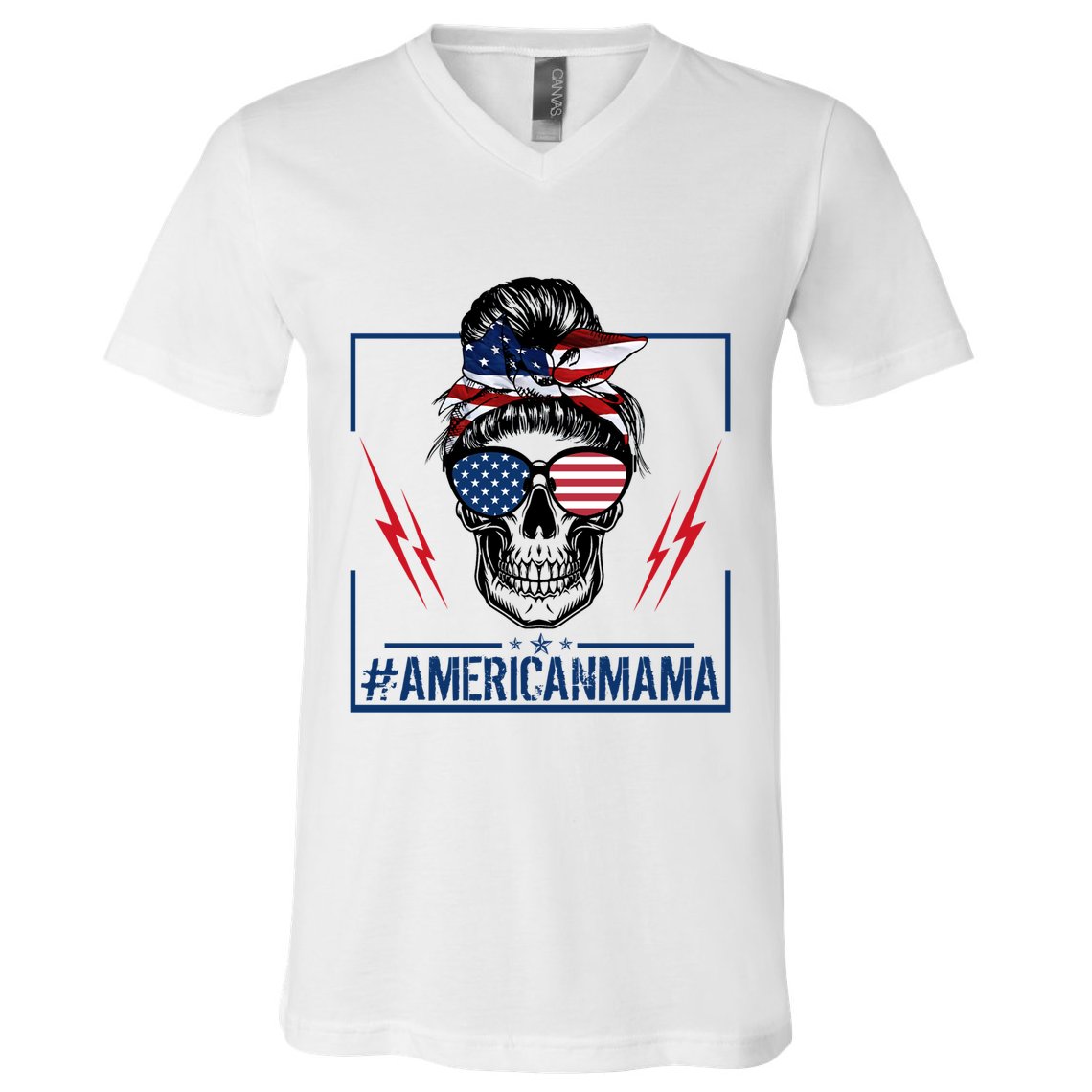 Funny American Mama Patriotic Rocker Skull Mom Gift V-Neck T-Shirt