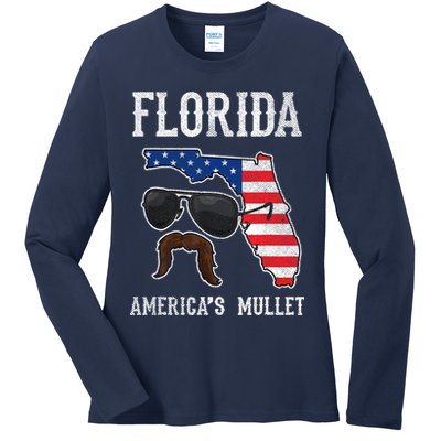 Florida America's Mullet Funny Patriotic American Flag Ladies Long Sleeve Shirt