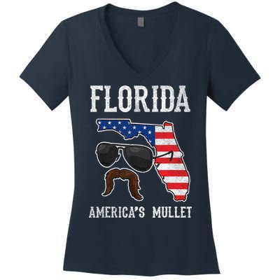 Florida America's Mullet Funny Patriotic American Flag Women's V-Neck T-Shirt