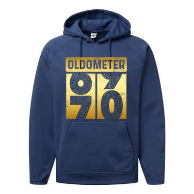 Funny Auto Mechanic Birthday 70th Turning 70 Golden Odometer Great Gift Performance Fleece Hoodie