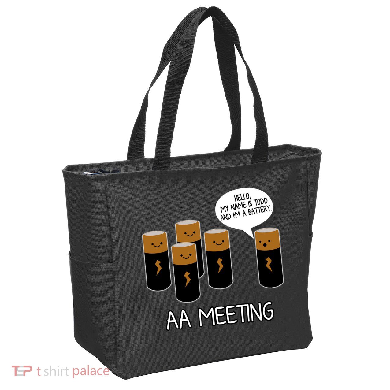 Funny Aa Meeting. Hi! My Name Is Todd And IM A Battery Zip Tote Bag